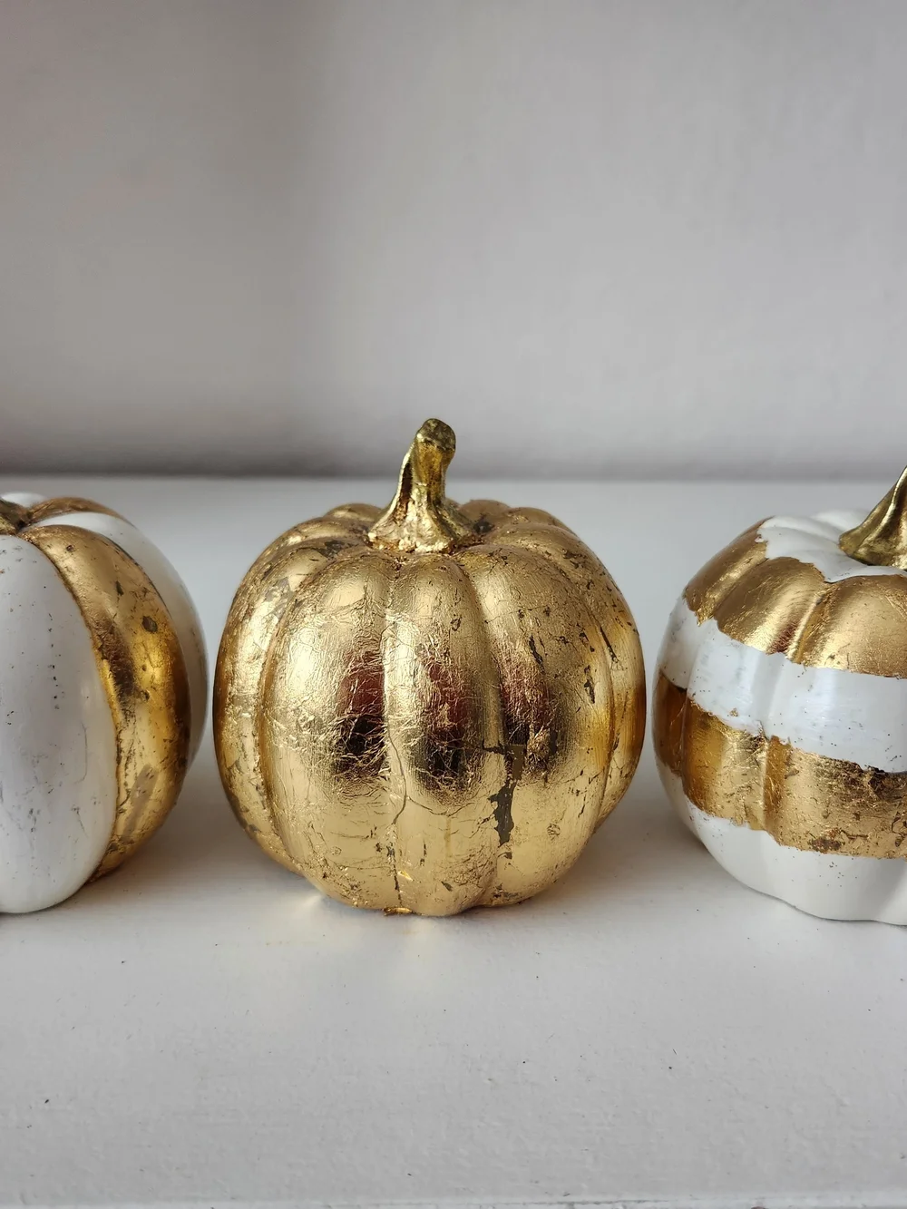 Metallic Gold  Hammerd Tray & White & Gold Pumpkin Trio Hand Painted W/Gold Leaf